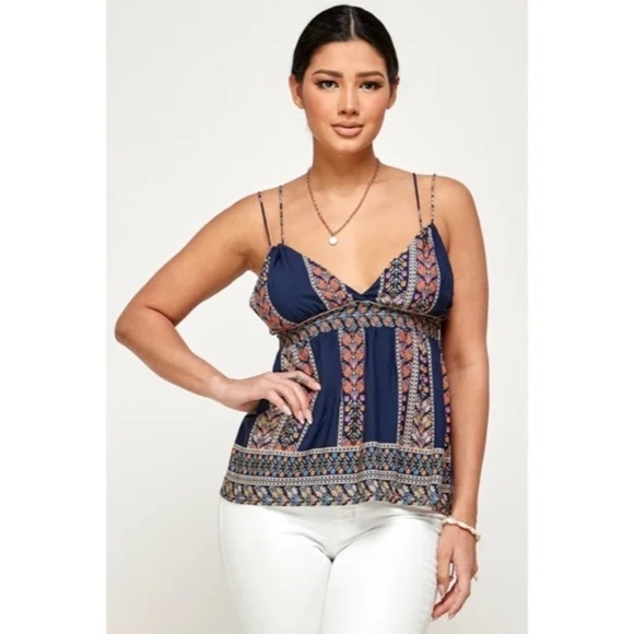 Navy Bohemian Border Floral Print Smocked Casual Cami Tank Top - Picture 6 of 6